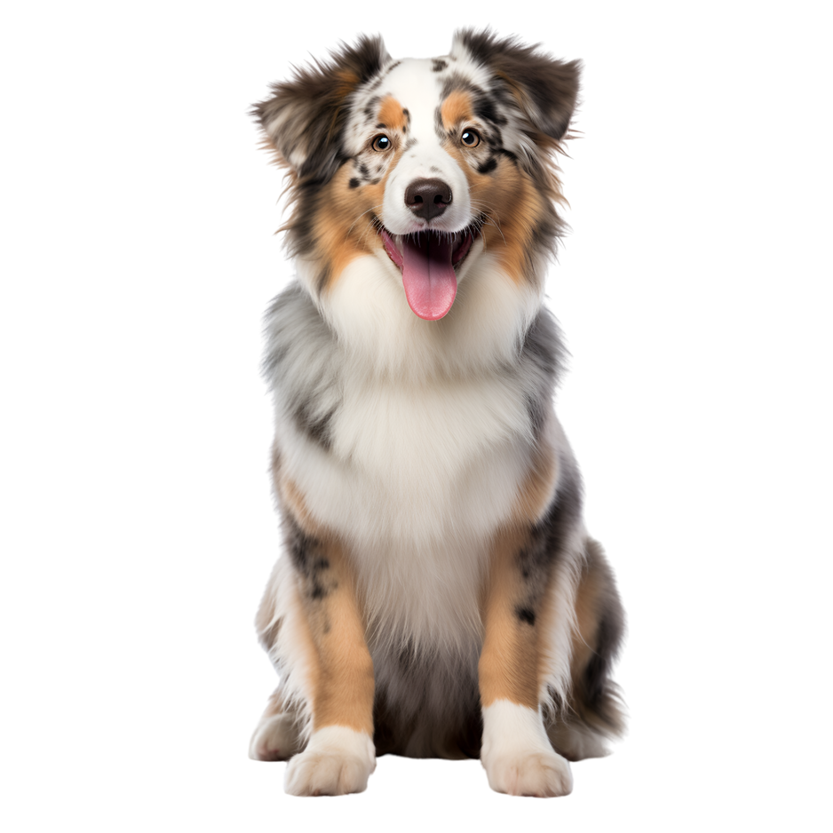 an australian shepherd dog sitting in front of a black background